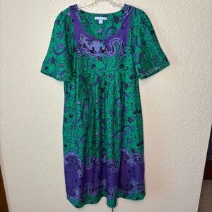 Only Necessities Green Purple Floral Print Midi Length Dress Women's Size 14/16